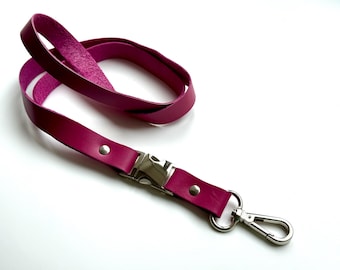 Personalized Pink Leather Lanyard, Breakaway ID Badge Holder