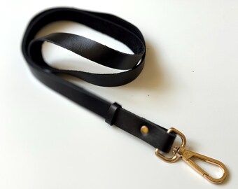 Personalized Black Leather Lanyard, Custom Badge Holder, Genuine Leather Neck Strap, Employee Teacher Gift