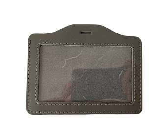 Gray Leather id badge holder with card pocket Horizontal or vertical