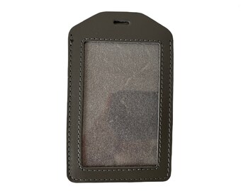 Gray Leather id badge holder with card pocket.