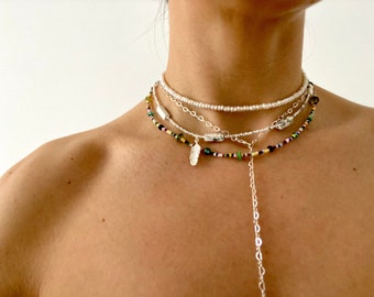 Layered necklace set. Pearl necklace set, Silver layered necklace, silver multi layering necklace, gemstone necklace