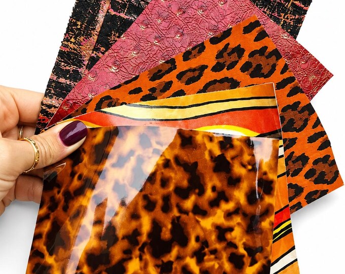 Wild Print Leather Offcuts, Leopard Orange Red Scraps, Glossy Textured Remnants for DIY Crafts  RT226