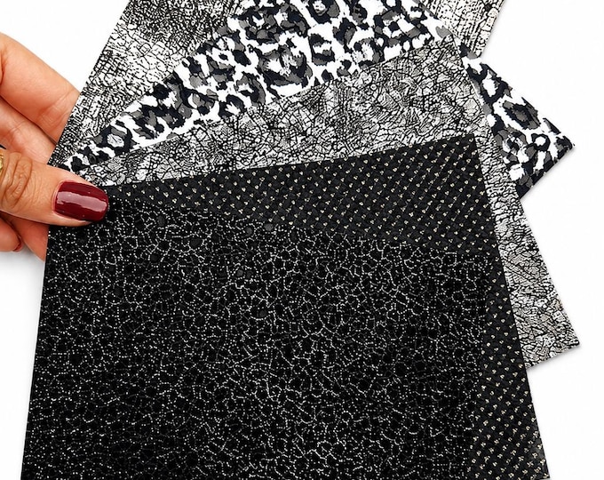 Black and Silver Leather Scraps, Patterned Leather Offcuts, Mixed Texture Craft Leather Pieces RT230  La Garzarara
