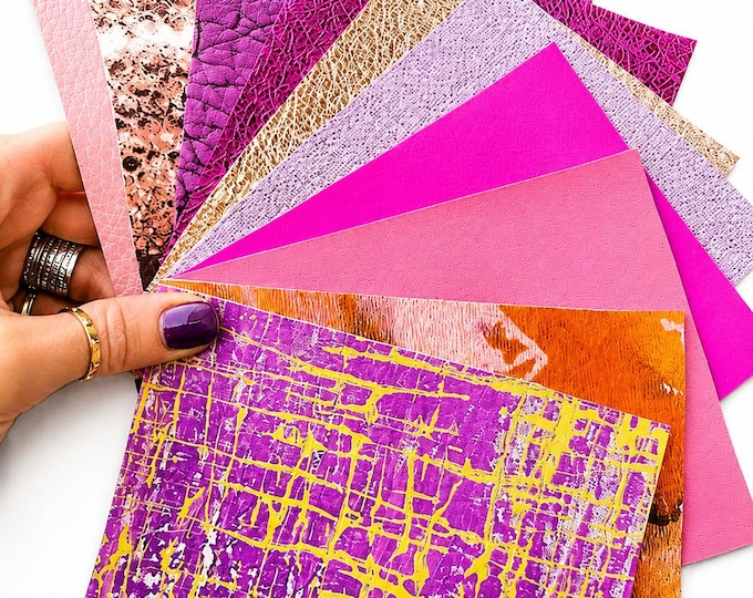 Fuchsia and Pink Leather Remnants, Lilac Gold Metallic Offcuts, Fancy Printed and Textured Pieces RT271