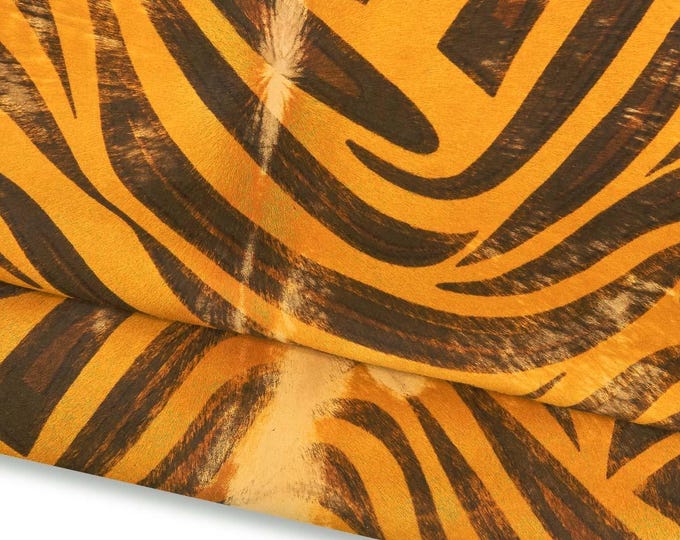 ZEBRA textured hair on leather hide, yellow - brown animal pattern on PONY calfskin, distressed bleached soft cowhide B17267-CV La Garzarara
