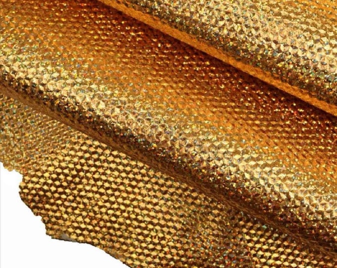 Gold GLITTERED leather hide, iridescent metallic geometric embossed cowhide, bright printed calfskin B17058-MT(ST) La Garzarara