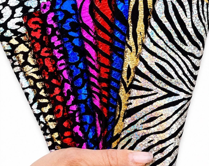 Iridescent Animal Print Leather Scraps, Holographic Zebra and Leopard Pieces, Rainbow Metallic Offcuts  RT50 La Garzarara