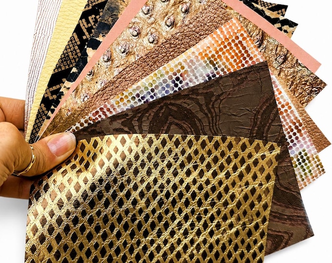Lot of Special Leather Offcuts, Metallic Gold Bronze Copper and Brown, Printed Textured Pieces for Jewelry and Crafts  RT21/B La Garzarara