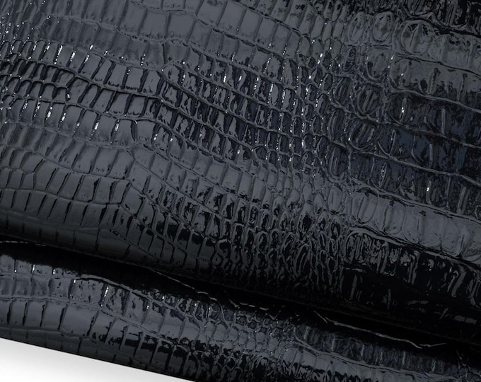 Dark blue CROCODILE embossed leather hide, alligator printed PATENT cowhide, glossy calfskin 1.0 - 1.2 mm B18669-ST La Garzarara