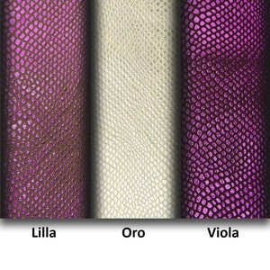 Pellame laminato stampato RETTILE, capra metallizzata lilla oro viola motivo serpente, pelle morbida luminosa B16641-ST La Garzarara