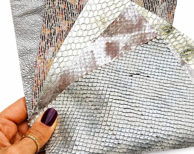 Silver Leather Remnants, Metallic Snake Print Scraps, Textured Genuine Leather for DIY and Jewelry RT228