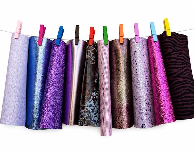 10 Shiny Leather Pieces, Metallic Purple Pink Leather Scraps, Textured Craft Leather Mix 6x5" / 15x12 cm  RT350