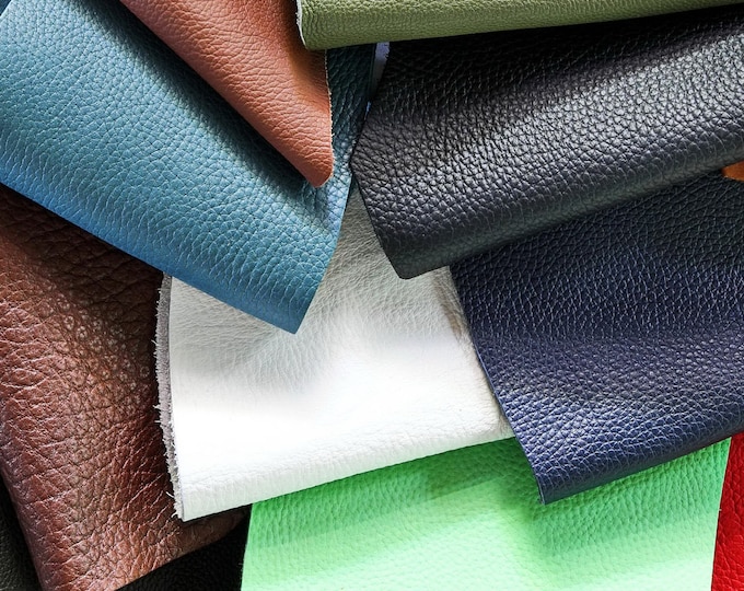 Grained grainy leather scraps, random pebbled renmants leather pieces in solid colors sold by weight B109 La Garzarara