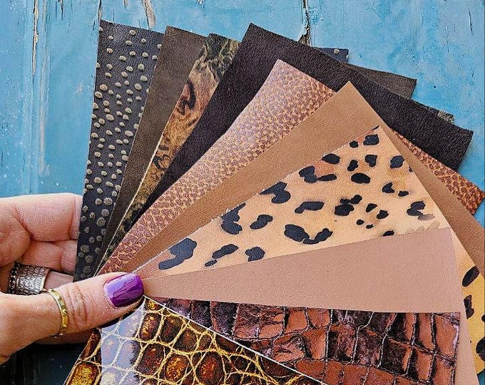 10 Selected leather scraps, TAN and BEIGE tones, printed and metalic printed,mix selection leather pieces as per pictures RT270