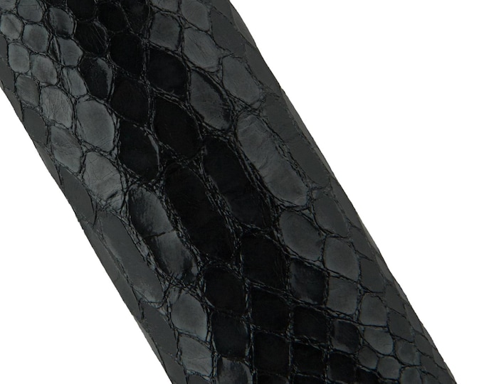 Black Python Print Leather Hide, Black Semi Gloss Snake Embossed Leather , Exotic skin for crafting B19232-TB La Garzarara
