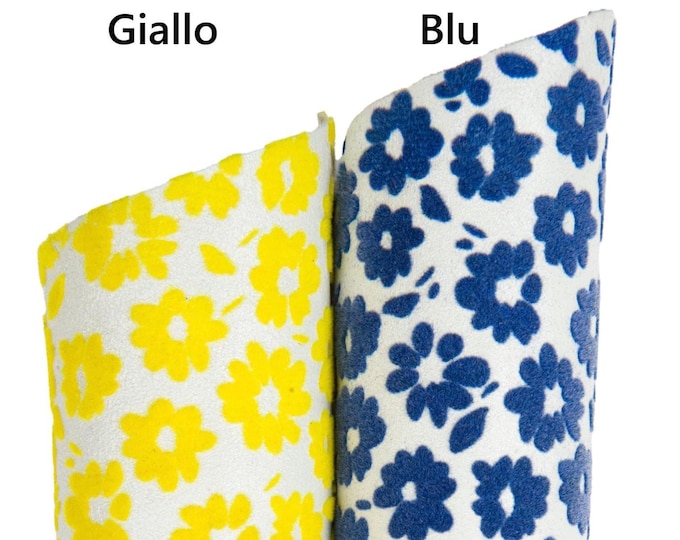 FLORAL textured leather skin, yellow - blue FLOCK print on white goatskin, original soft material for hobbyists B18518-ST La Garzarara