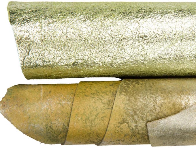 METALLIC GREEN gold leather hide, laminated shiny skins mirror effect, soft aged metal suede for crafter B18331-MT(st)  La Garzarara