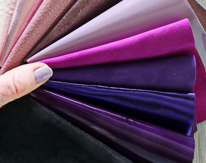 PINK PURPLE leather scraps mix, 10 metallic and smooth leather pieces, solid color remnants offcuts, random grain assortment B1544 Garzarara