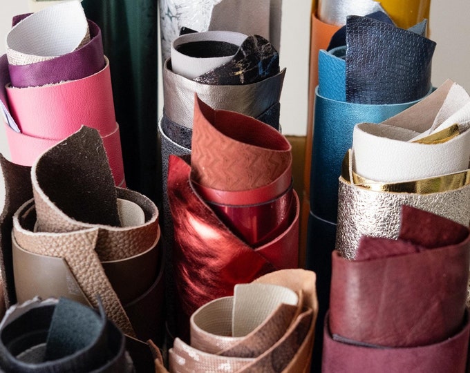 LEATHER SCRAPS pack – 60 remnants pieces, 12-color mix solid & printed offcuts 8×10-25×20 cm for crafts La Garzarara 60PZ/B