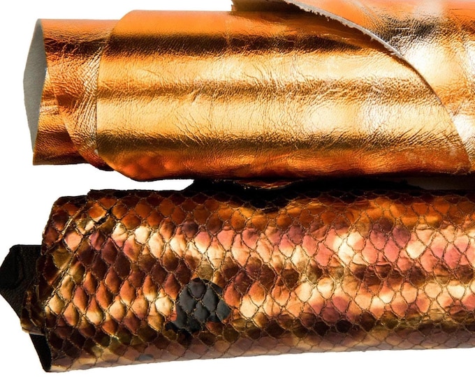 2 METALLIC leather hides copper bronze, laminated mirror leather and snake embossed hide for sewing B18303-MT(ST) La Garzarara
