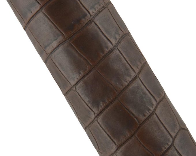 Brown CROCODILE embossed leather hide, animal printed semi GLOSSY cowhide, genuine soft calfskin for bags crafting  0.6 mm  B19117-ST