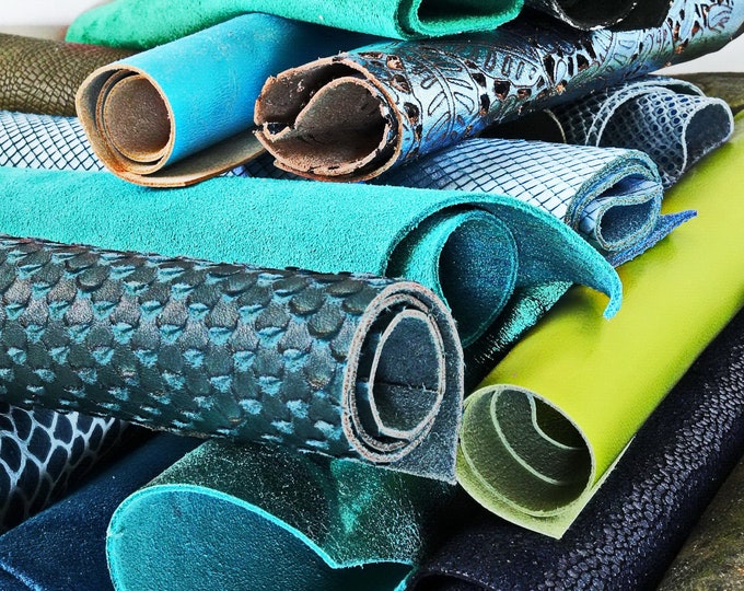 Blue green LEATHER scraps mix, printed and laminated leather pieces with different softness sold by weight 0.300–1 kg B079 La Garzarara