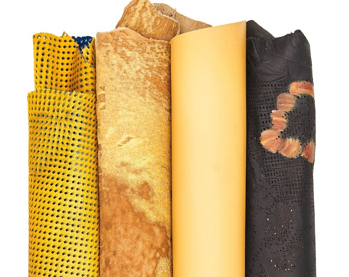 Assortment of 4 YELLOW leather hides, pack of matching printed perforated hair on leather skins and 1 smooth calfskin B16612-CV La Garzarara