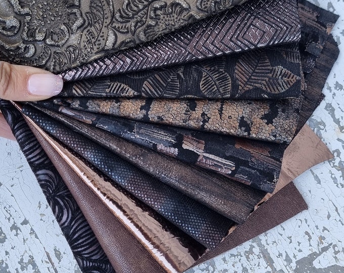 10 selected LEATHER SCRAPS in bronze brown tones, mix metallic and  printed selection of leather remnants as per picture RT49 LaGarzarara