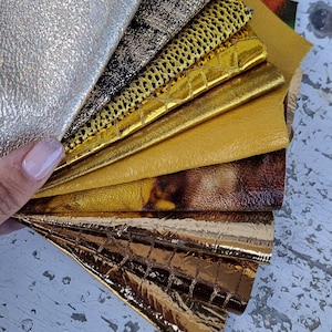 10 selected leather scraps, yellow and GOLD, mix METALLIC printed selection of leather cutoffs as per pictures RT43 La Garzarara