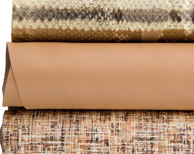 Beige nude leather hide, matte smooth calf leather skin and printed snake pattern hide, bundle of 3  B17519-MT(ST) La Garzarara