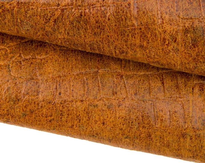 Vintage crocodile leather hide, brown glossy embossed calfskin, PULL - UP sporty printed cowhide, for crafting B17703-ST La Garzarara