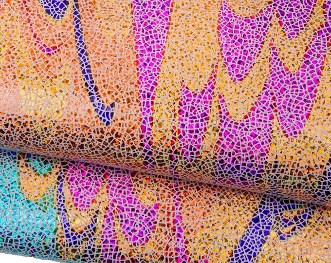HOLOGRAPHIC MULTICOLOR goatskin, metallic crackle pattern metallic leather skin, soft sparkle hide for crafters B18435-MT(st) La Garzarara