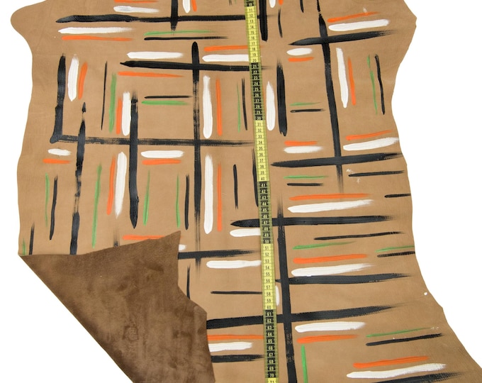 MULTICOLOR almond beige nubuck leather hide, hand PAINTED suede cowhide, unique  calfskin for carfters B18411-DM La Garzarara