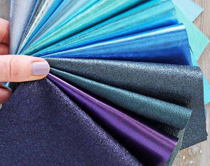 10 BLUE TURQUOISE leather scraps, genuine leather remnants smooth and pebbled, laminated and matte mix, random assortment  B1534  Garzarara