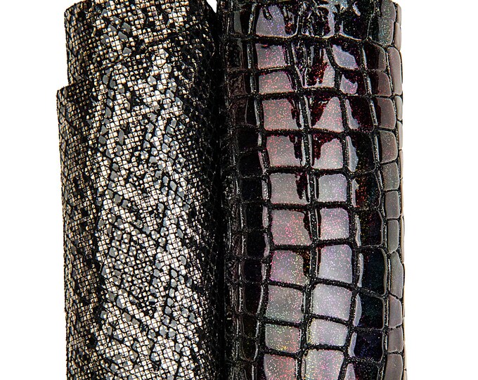 Set of 2 ANIMAL printed leather hides: 1 metallic PYTHON printed goatskin + 1 crocodile embossed patent cowhide B17398-MT(st) La Garzarara
