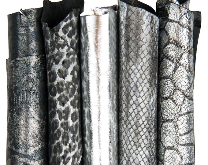 Set of 5 steelmetal, silver leather skins, assortment of METALLIC WRINKLED animal printed goatskins, as per picture B18316-MT(st)