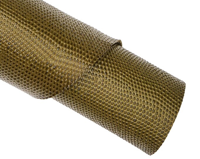 GREEN LIZARD printed leather hide, glossy reptile embossed cowhide, olive green classic slightly stiff calfskin B16607-ST La Garzarara