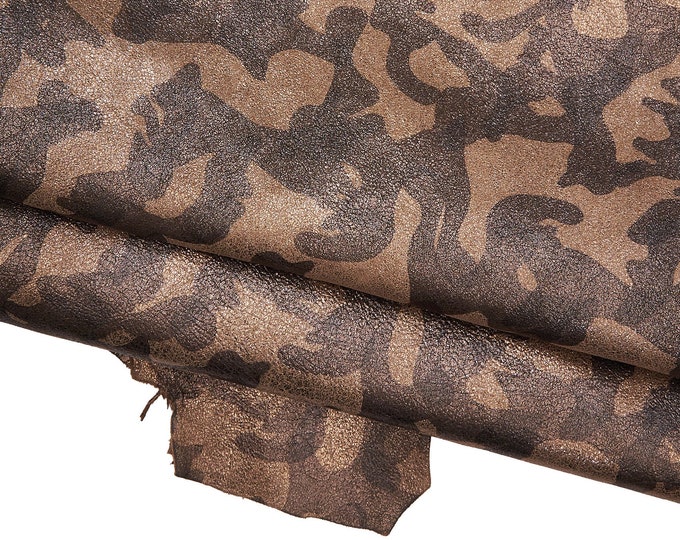 CAMOUFLAGE textured metallic leather hide, brown black printed goatskin, mimetic pattern on soft suede hide B16608-MT(ST) La Garzarara