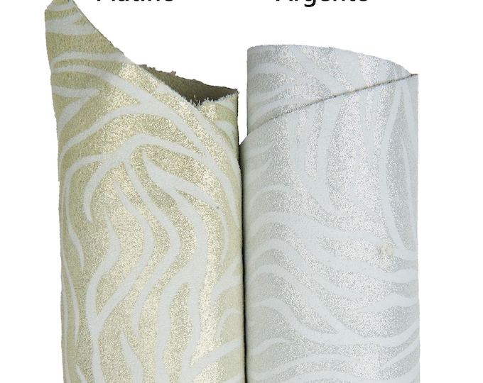 METALLIC ZEBRA printed leather hide, light gold/silver glittered animal texture on white suede calfskin B18035-MT(st) La Garzarara