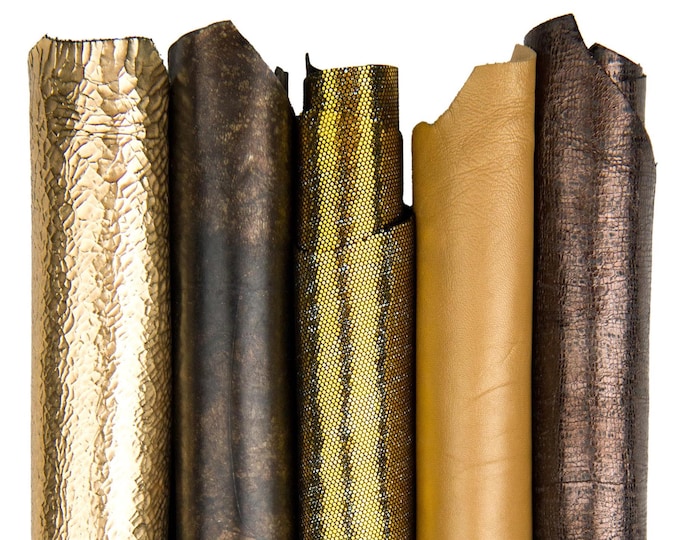 Lot of 5 skins BLACK GOLD, metallic and soft goatskins, bright luxury leather skins, assortment as per pictures TOP quality B18283-mt(st)