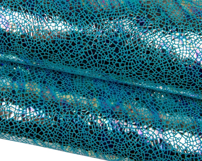 Metallic CRACKLE printed leather skin, light blue HOLOGRAPHIC iridescent suede goatskin, hide for diy creations B17838-MT(st) La Garzarara