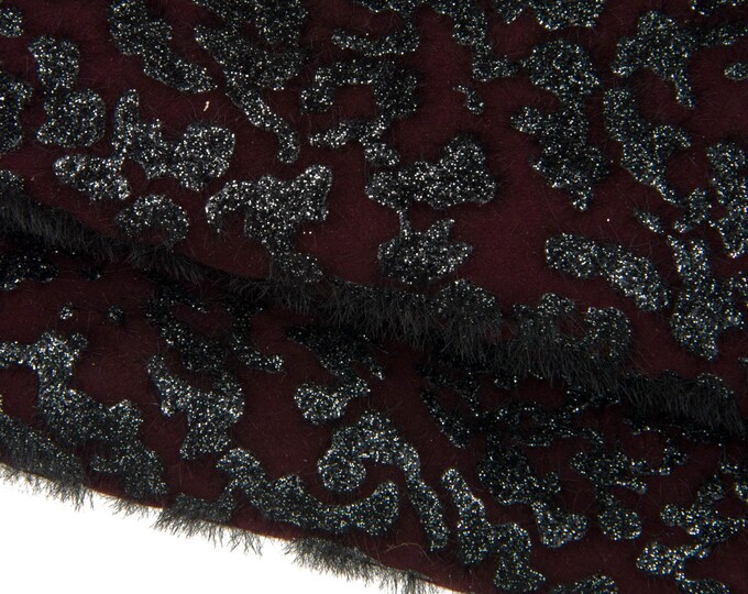 Luxurious SPOTTED leather skin, burgundy suede goatskin - black, steelmetal glitter texture, animal printed hide B17672-MT(st) La Garzarara