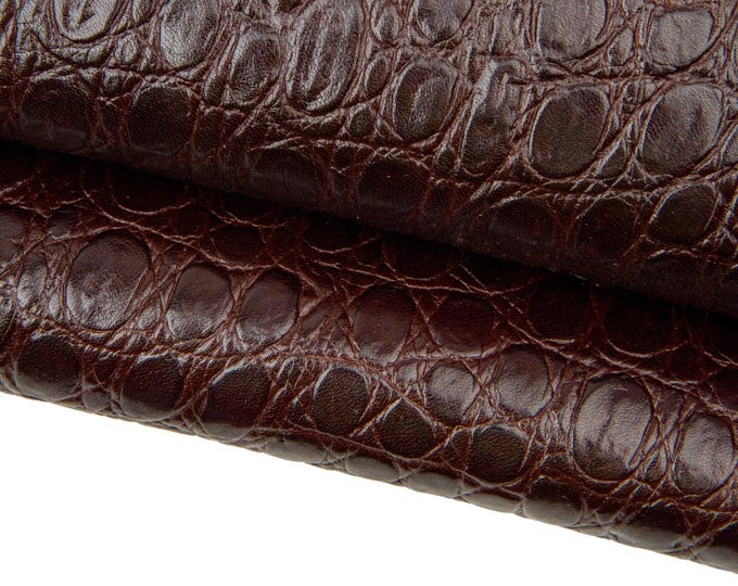 Dark brown CROCODILE printed leather hide, GLOSSY embossed cowhide, animal pattern on calfskin 17682-ST La Garzarara