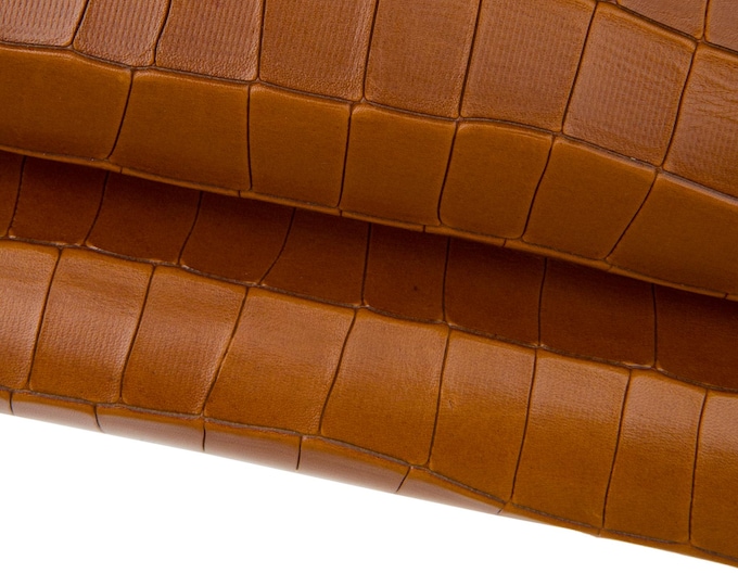 Brown CROCODILE leather hide, glossy embossed calfskin, ALLIGATOR printed cowhide, medium softness B17701-ST La Garzarara