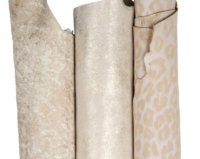 Set of 3 white, beige, light gold metallic leather skins, ASSORTMENT of PRINTED textured goatskins as per picture B18276-MT(st) La Garzarara
