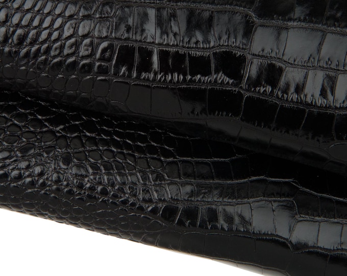Black CROCODILE embossed leather hide, GLOSSY croc printed calfskin, cowhide for diy projects, medium softness B17681-TB La Garzarara