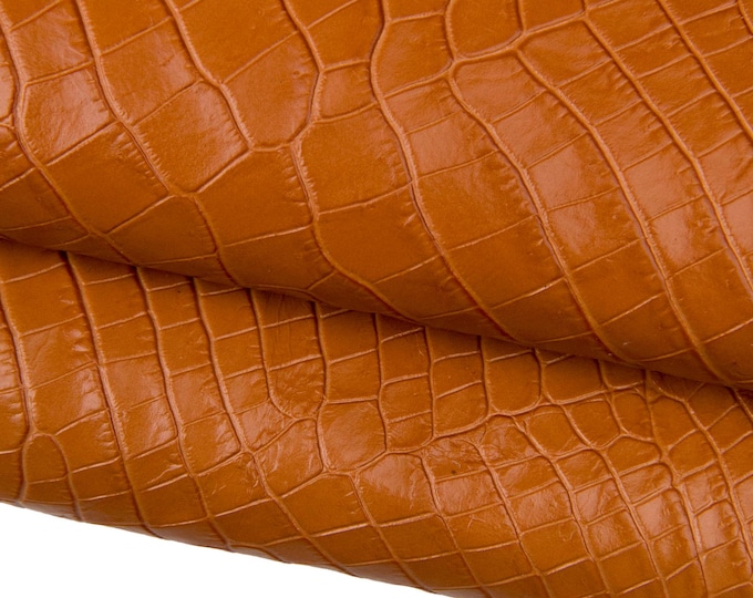 Tan CROCODILE embossed leather hide, animal printed GLOSSY cowhide, light brown alligator calfskin for crafters B17870-ST La Garzarara