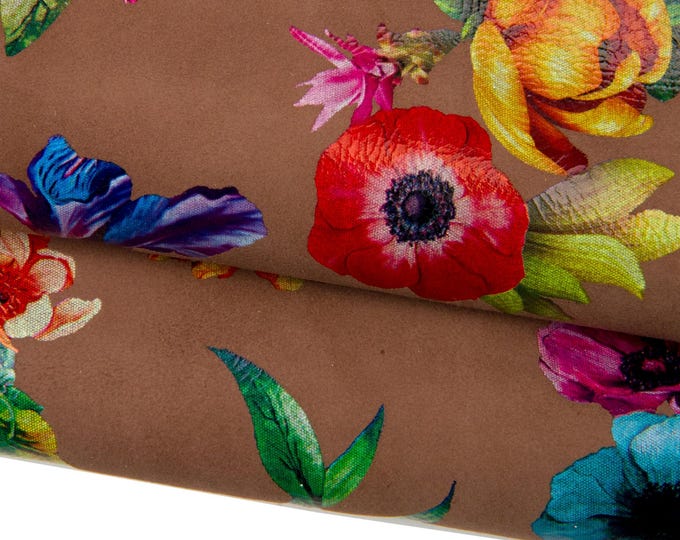 MULTICOLOR FLORAL print on goatskin, flower textured brown suede leather skin, soft hide ideal for diy projects B17813-ST La Garzarara