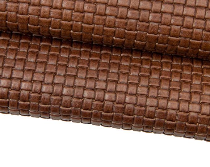 BRAIDED PRINTED leather hide, brown soft semi glossy cowhide, embossed calfskin 1.3 -1.5 mm B17763-ST La Garzarara