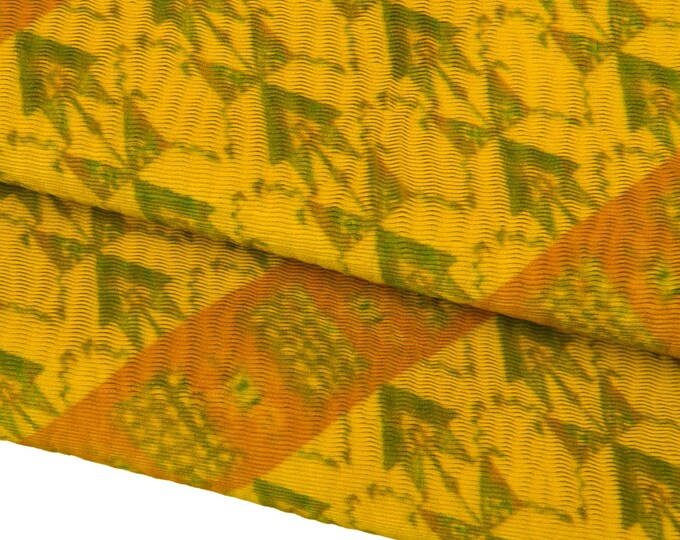 Yellow leather hide, ROCKET print on soft SUEDE calfskin, unique unusual cowhide for crafters B18058ST La Garzarara